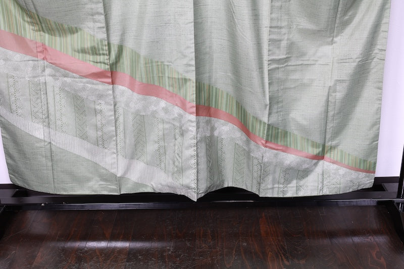 Authentic Oshima Tsumugi silk used kimono; shades of green, purple, red, white; R266