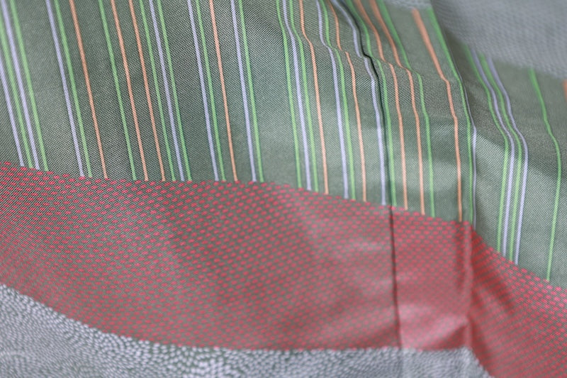 Authentic Oshima Tsumugi silk used kimono; shades of green, purple, red, white; R266