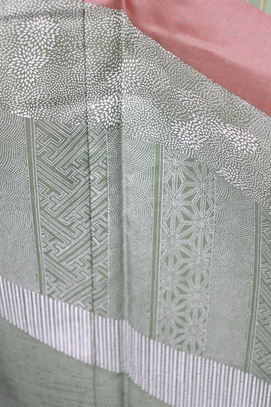 Authentic Oshima Tsumugi silk used kimono; shades of green, purple, red, white; R266