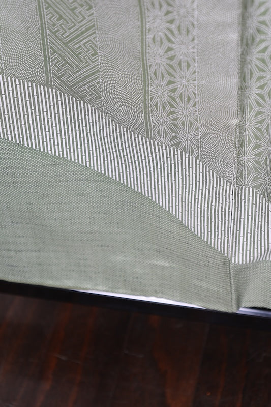 Authentic Oshima Tsumugi silk used kimono; shades of green, purple, red, white; R266