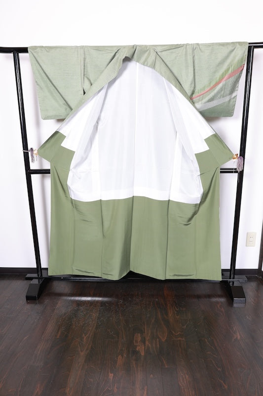 Authentic Oshima Tsumugi silk used kimono; shades of green, purple, red, white; R266
