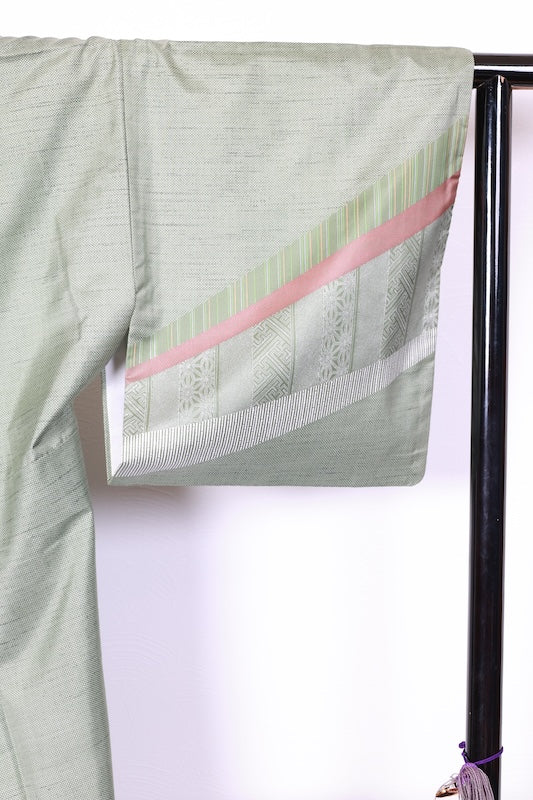 Authentic Oshima Tsumugi silk used kimono; shades of green, purple, red, white; R266