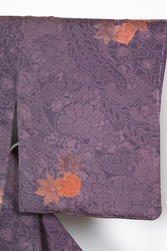 Komono (Japan kimono), brand new, unused, purple, brown, yellowish-brown, floral pattern, R260