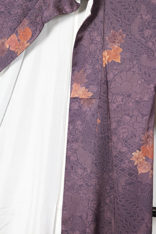Komono (Japan kimono), brand new, unused, purple, brown, yellowish-brown, floral pattern, R260