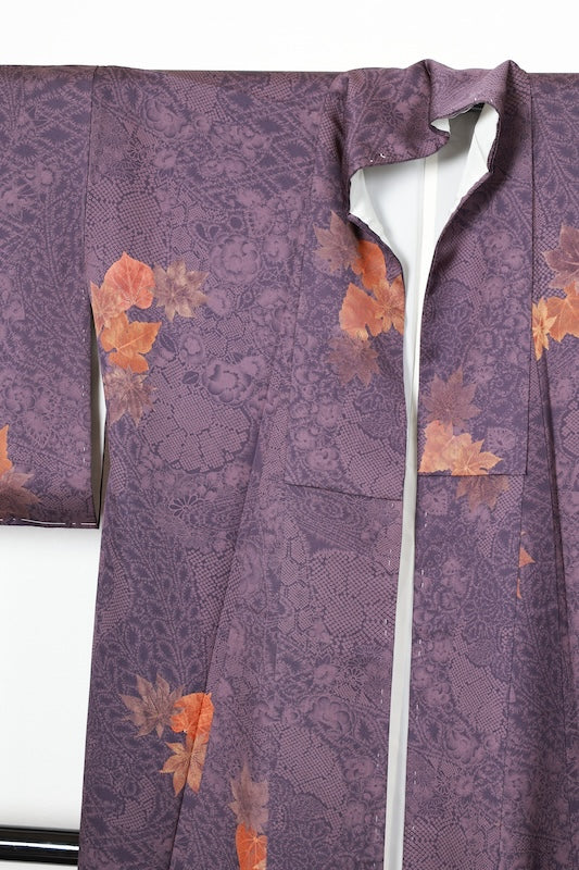Komono (Japan kimono), brand new, unused, purple, brown, yellowish-brown, floral pattern, R260
