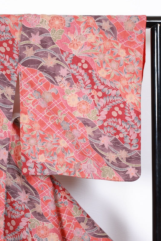 Tsumugi silk(Japan used kimono fabric), red, charcoal, purple, gray, brown, green, indigo, hand-dyed, R264