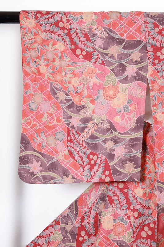 Tsumugi silk(Japan used kimono fabric), red, charcoal, purple, gray, brown, green, indigo, hand-dyed, R264