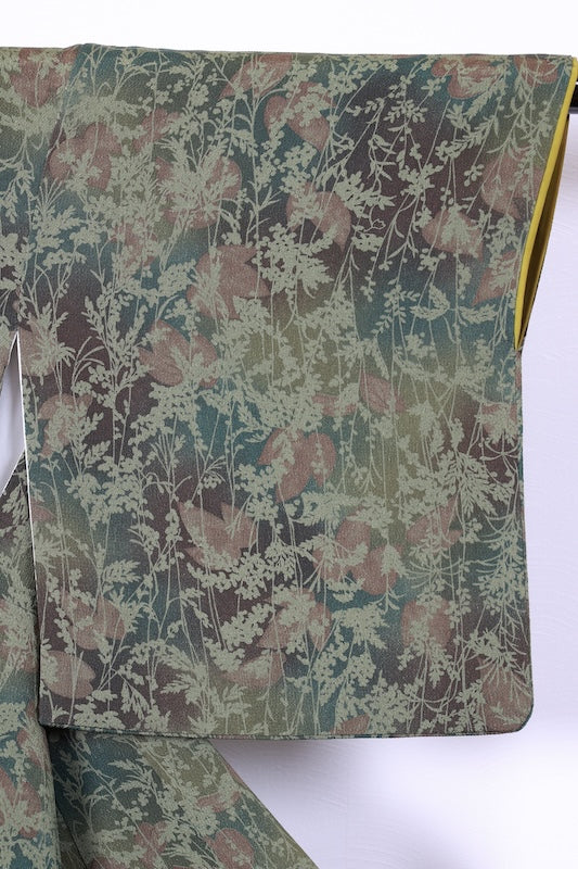 Komono (used kimono fabric) - shades of green and brown, floral pattern, hand-dyed - R265