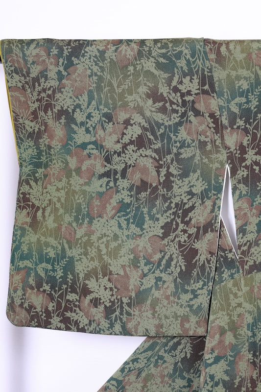 Komono (used kimono fabric) - shades of green and brown, floral pattern, hand-dyed - R265