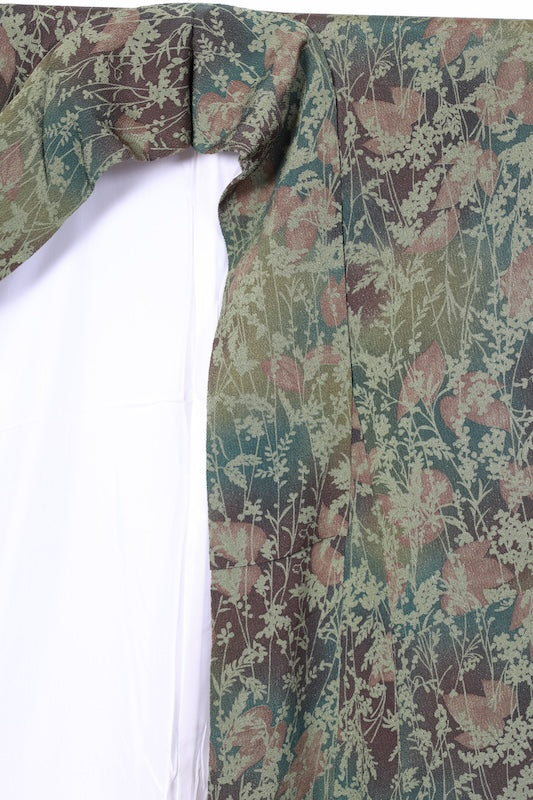 Komono (used kimono fabric) - shades of green and brown, floral pattern, hand-dyed - R265