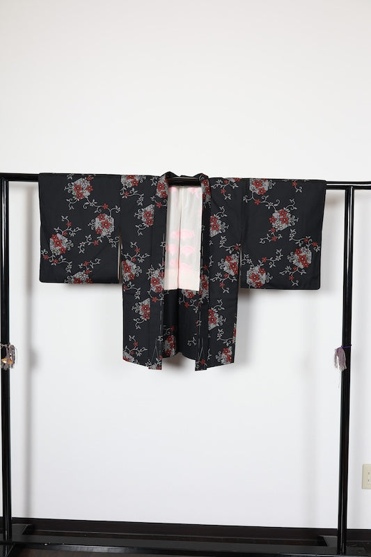 Haori (Japanese jacket), brand new, unused, black, red, white, floral pattern, R25