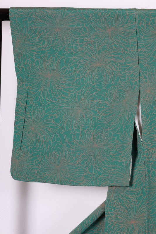 Ise-style komon (used kimono fabric), green and orange, scattered chrysanthemum design, cone carving, by Hirose Yumo, R213