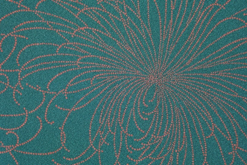 Ise-style komon (used kimono fabric), green and orange, scattered chrysanthemum design, cone carving, by Hirose Yumo, R213