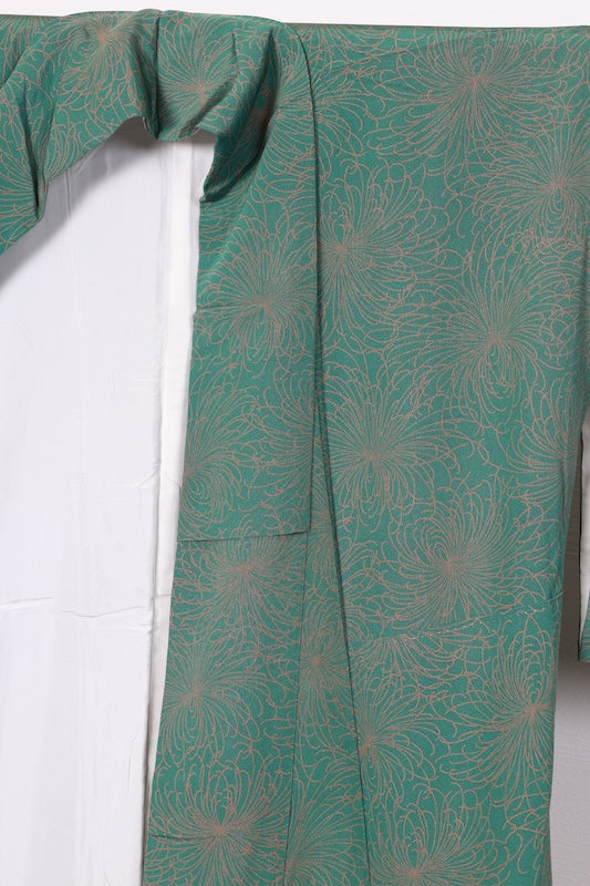 Ise-style komon (used kimono fabric), green and orange, scattered chrysanthemum design, cone carving, by Hirose Yumo, R213