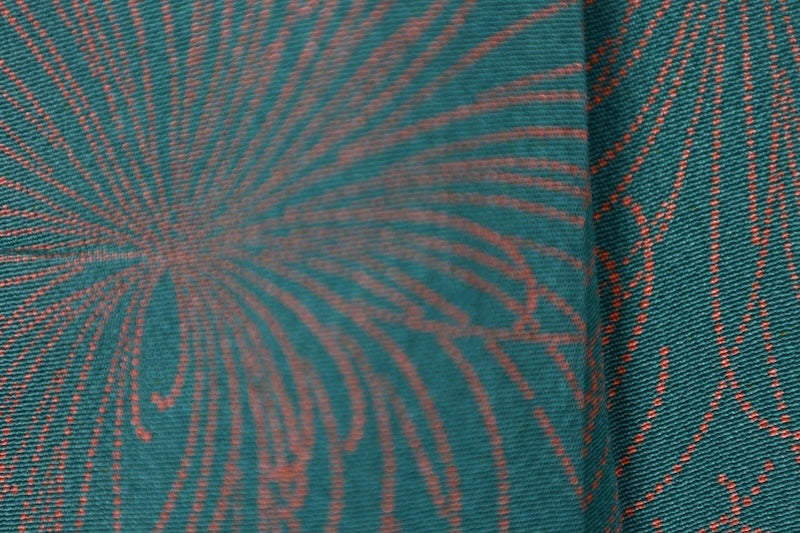 Ise-style komon (used kimono fabric), green and orange, scattered chrysanthemum design, cone carving, by Hirose Yumo, R213