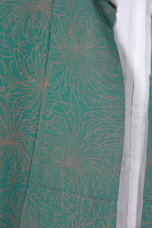 Ise-style komon (used kimono fabric), green and orange, scattered chrysanthemum design, cone carving, by Hirose Yumo, R213