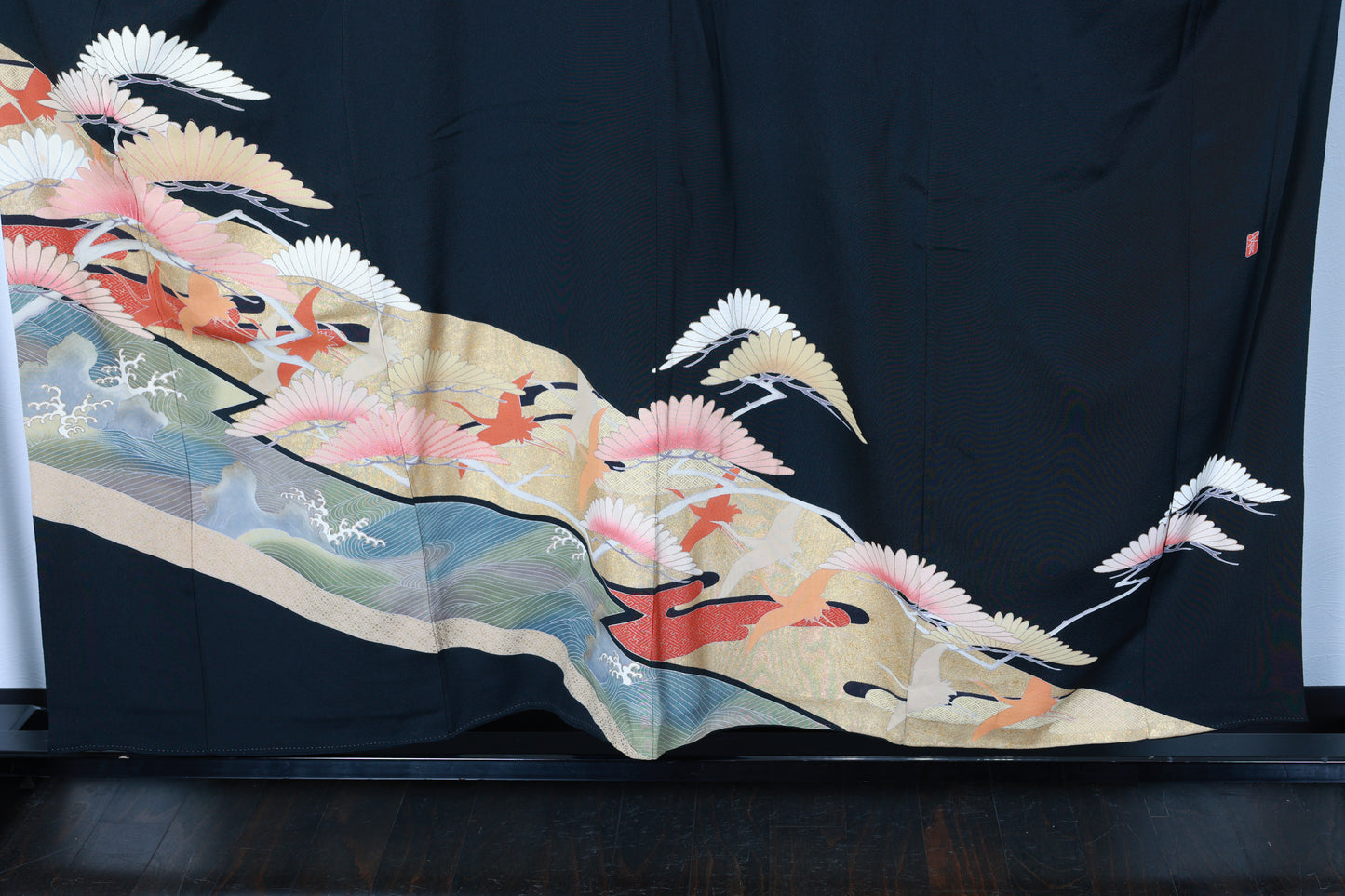 Black formal used kimono (Kurotomesode), designer piece, five crests (Gosan no Kiri), hand-painted design, R253