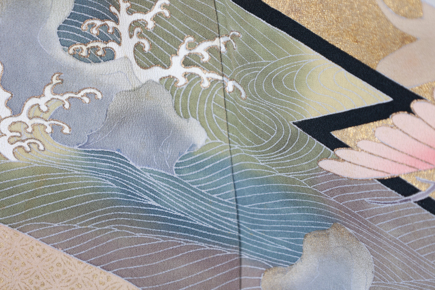Black formal used kimono (Kurotomesode), designer piece, five crests (Gosan no Kiri), hand-painted design, R253