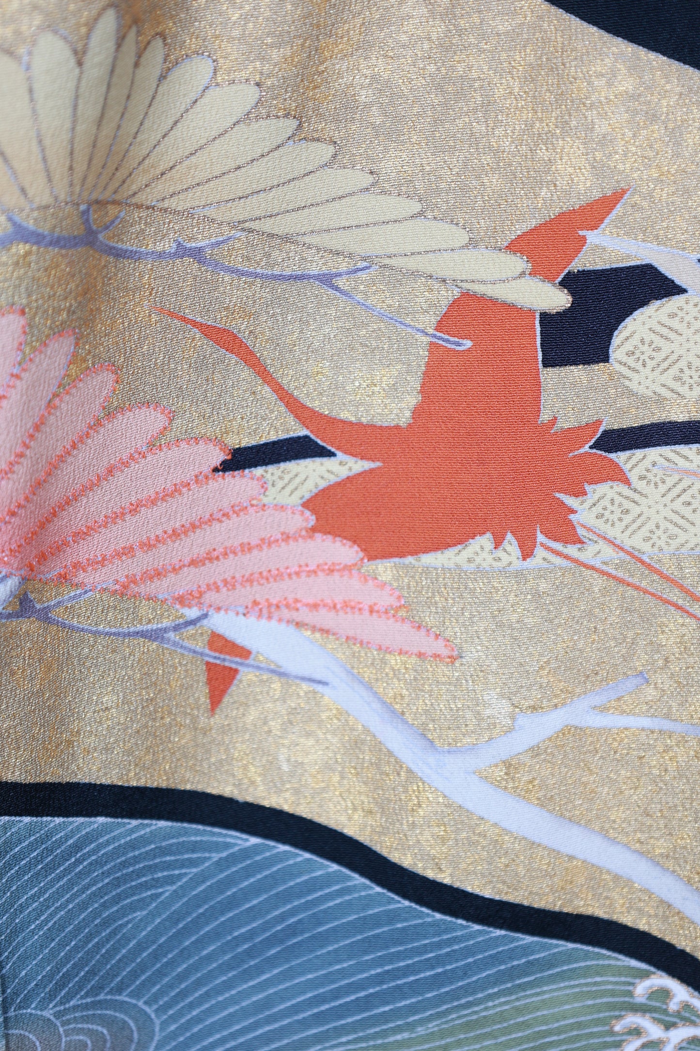 Black formal used kimono (Kurotomesode), designer piece, five crests (Gosan no Kiri), hand-painted design, R253