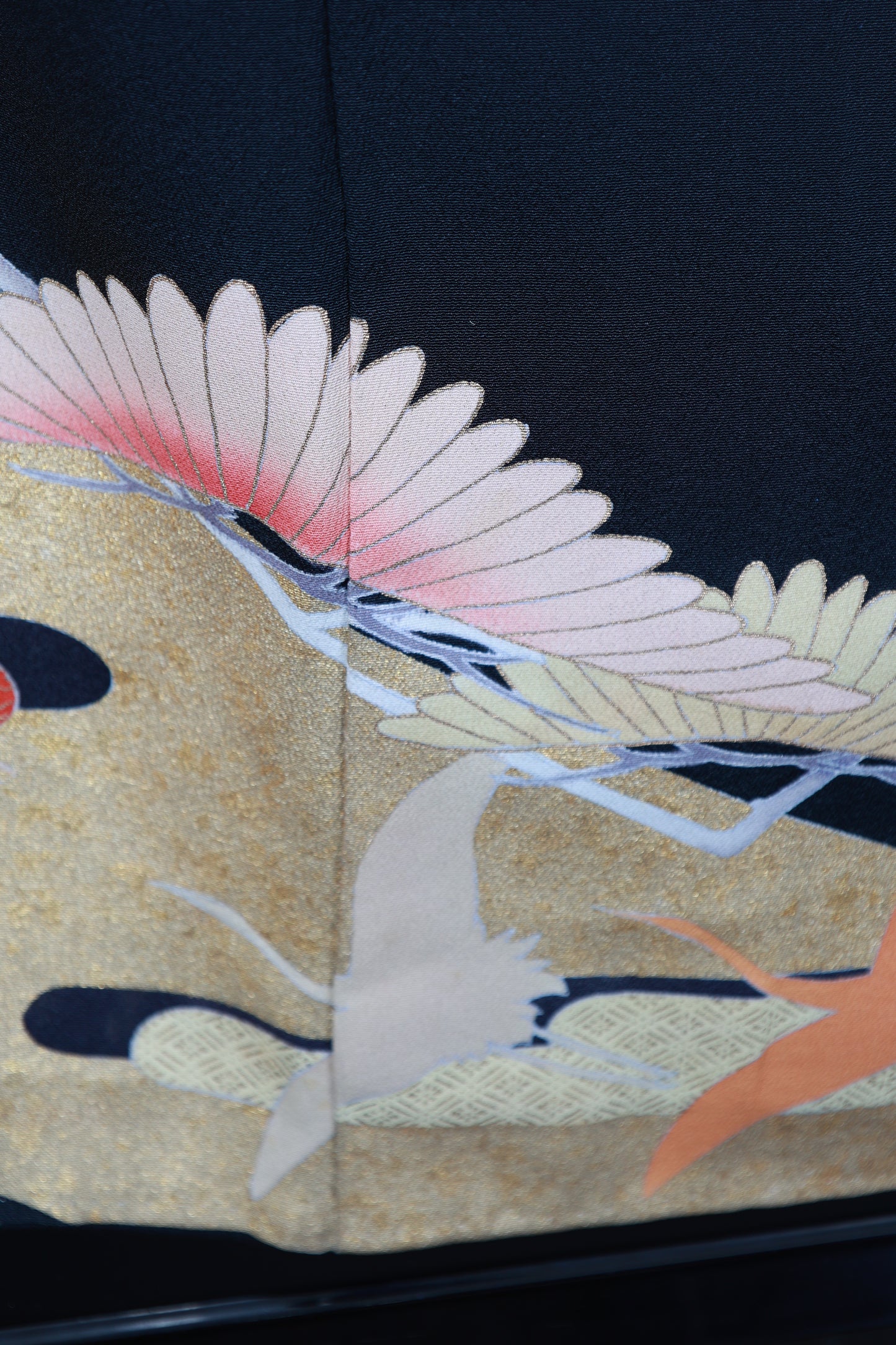 Black formal used kimono (Kurotomesode), designer piece, five crests (Gosan no Kiri), hand-painted design, R253