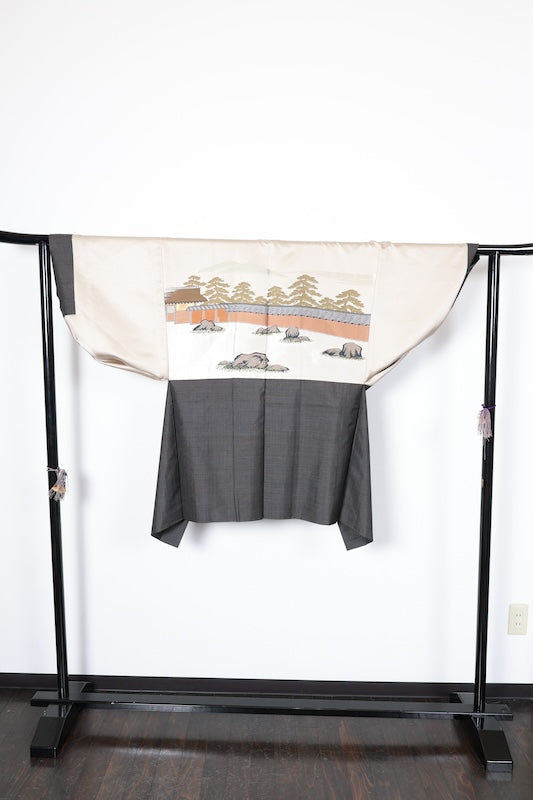 Men's authentic used Oshima Tsumugi ensemble, mud-dyed, seven-mark weave, brown and gray, R242
