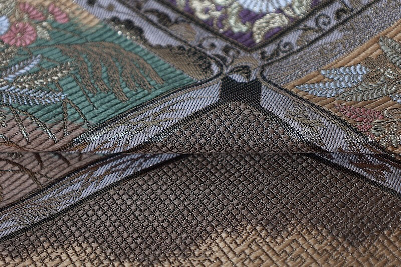 Fukuro obi (formal sash) - Gold, Purple, Green, Rust Red, White - Cloud pattern, Butterfly, Flower, Diamond pattern - R215