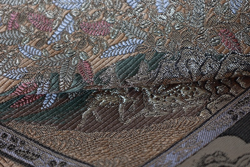 Fukuro obi (formal sash) - Gold, Purple, Green, Rust Red, White - Cloud pattern, Butterfly, Flower, Diamond pattern - R215