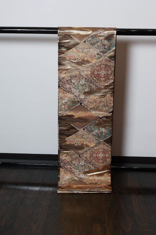 Fukuro obi (formal sash) - Gold, Purple, Green, Rust Red, White - Cloud pattern, Butterfly, Flower, Diamond pattern - R215