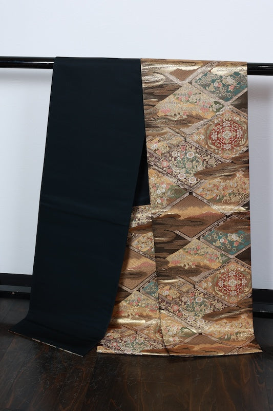 Fukuro obi (formal sash) - Gold, Purple, Green, Rust Red, White - Cloud pattern, Butterfly, Flower, Diamond pattern - R215
