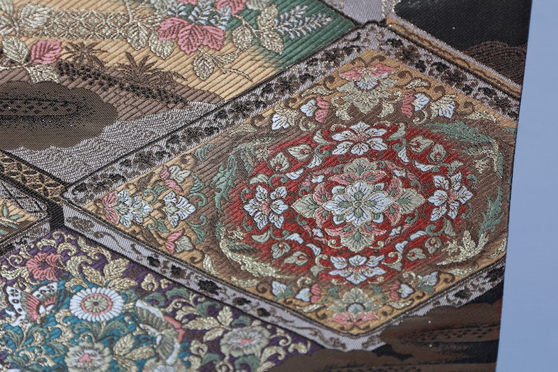 Fukuro obi (formal sash) - Gold, Purple, Green, Rust Red, White - Cloud pattern, Butterfly, Flower, Diamond pattern - R215