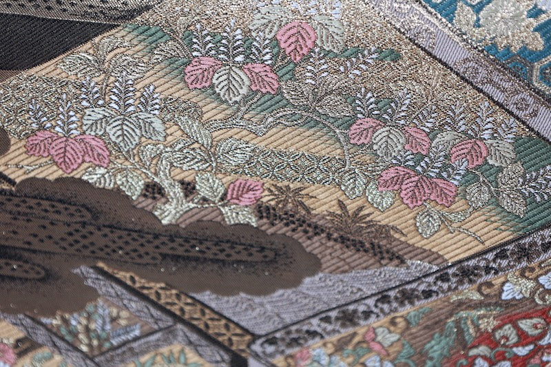 Fukuro obi (formal sash) - Gold, Purple, Green, Rust Red, White - Cloud pattern, Butterfly, Flower, Diamond pattern - R215