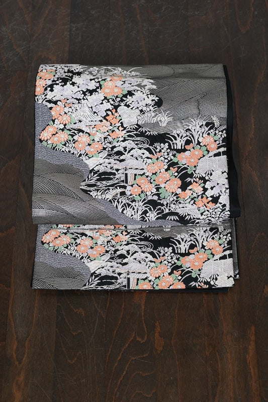 Fukuro obi (used sash) - Black, Silver, Blue, Purple, White, Green, Orange - Waves, Landscape, Tang Dynasty Weave - R216