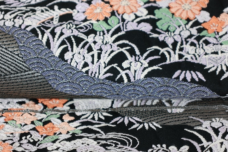 Fukuro obi (used sash) - Black, Silver, Blue, Purple, White, Green, Orange - Waves, Landscape, Tang Dynasty Weave - R216