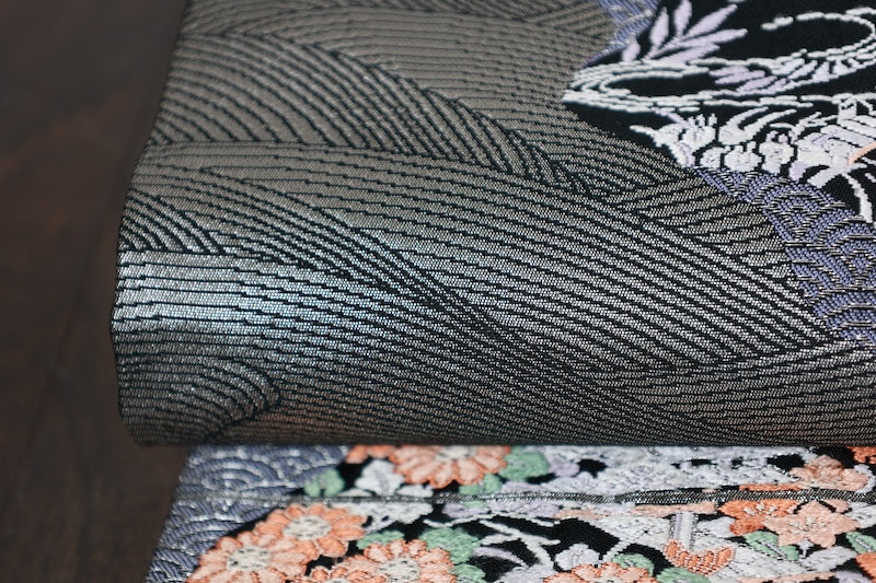 Fukuro obi (used sash) - Black, Silver, Blue, Purple, White, Green, Orange - Waves, Landscape, Tang Dynasty Weave - R216