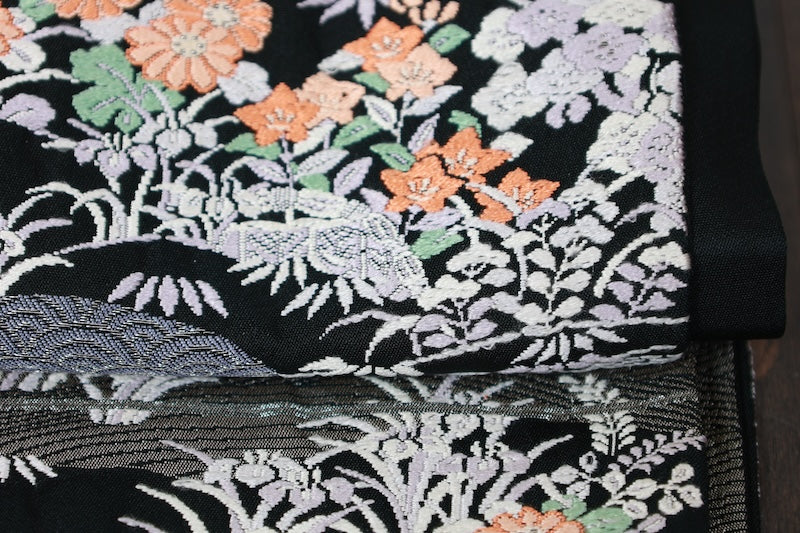 Fukuro obi (used sash) - Black, Silver, Blue, Purple, White, Green, Orange - Waves, Landscape, Tang Dynasty Weave - R216