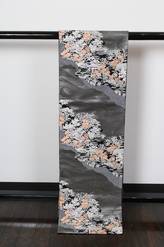 Fukuro obi (used sash) - Black, Silver, Blue, Purple, White, Green, Orange - Waves, Landscape, Tang Dynasty Weave - R216