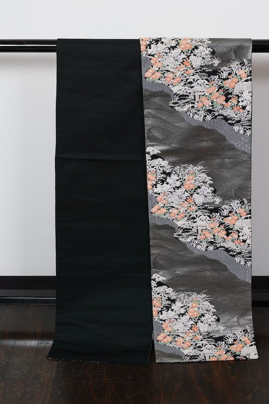 Fukuro obi (used sash) - Black, Silver, Blue, Purple, White, Green, Orange - Waves, Landscape, Tang Dynasty Weave - R216