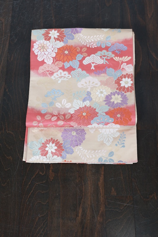Fukuro obi (used sash) - Beige, light crimson, blue, white, purple, pine, flower, brocade pattern - R226
