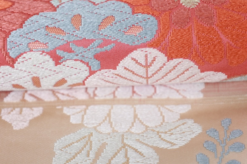 Fukuro obi (used sash) - Beige, light crimson, blue, white, purple, pine, flower, brocade pattern - R226