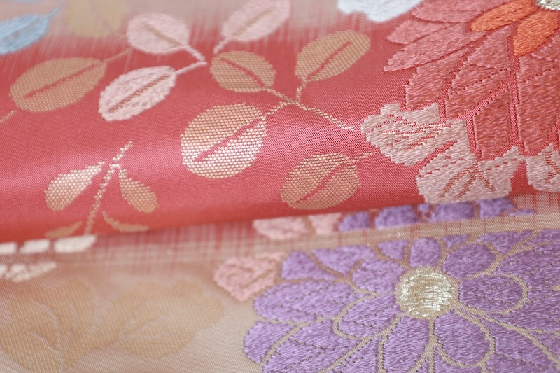Fukuro obi (used sash) - Beige, light crimson, blue, white, purple, pine, flower, brocade pattern - R226
