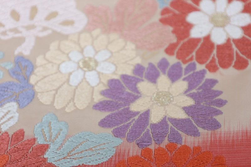 Fukuro obi (used sash) - Beige, light crimson, blue, white, purple, pine, flower, brocade pattern - R226