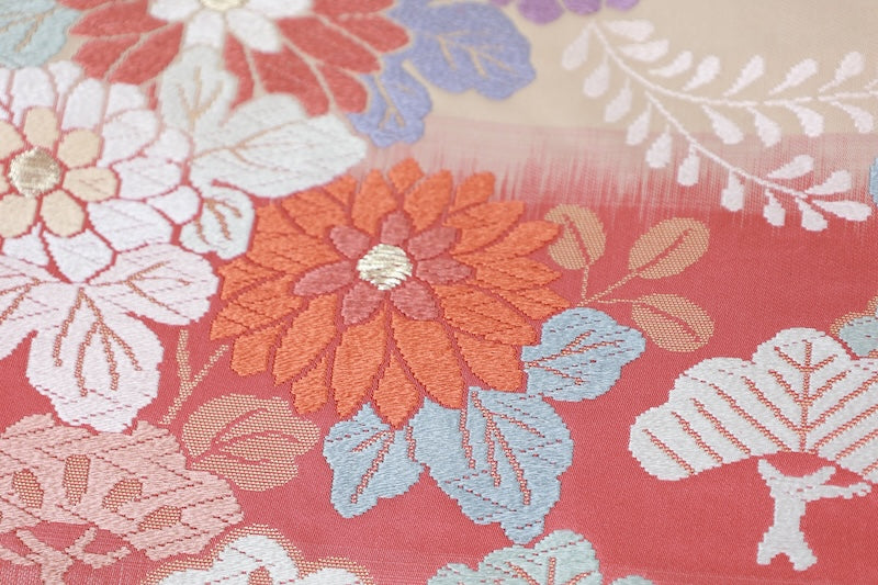 Fukuro obi (used sash) - Beige, light crimson, blue, white, purple, pine, flower, brocade pattern - R226