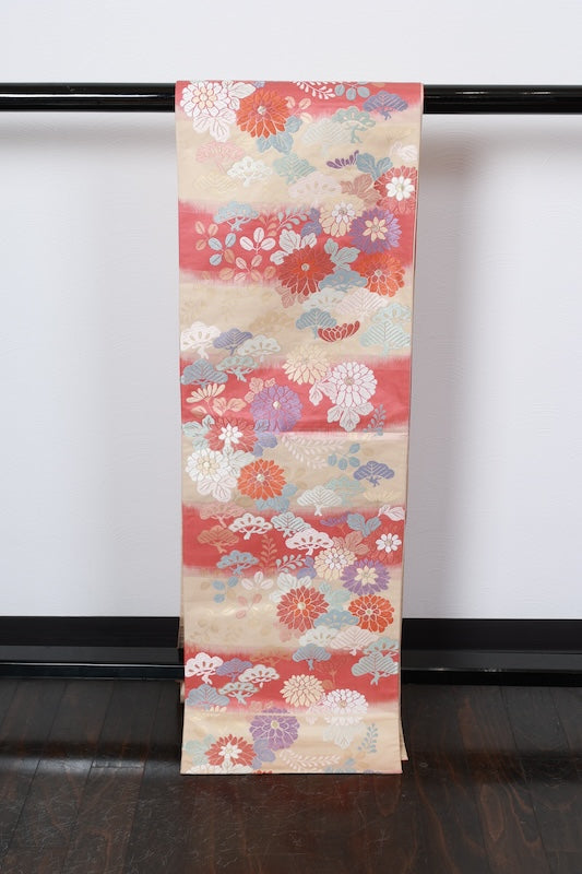Fukuro obi (used sash) - Beige, light crimson, blue, white, purple, pine, flower, brocade pattern - R226