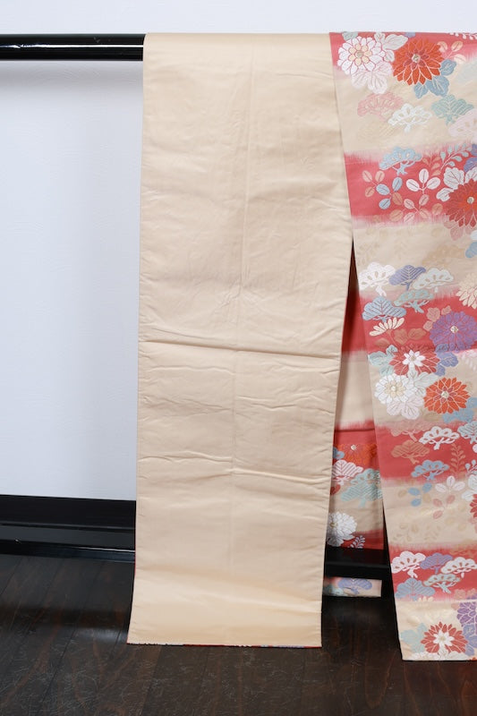 Fukuro obi (used sash) - Beige, light crimson, blue, white, purple, pine, flower, brocade pattern - R226