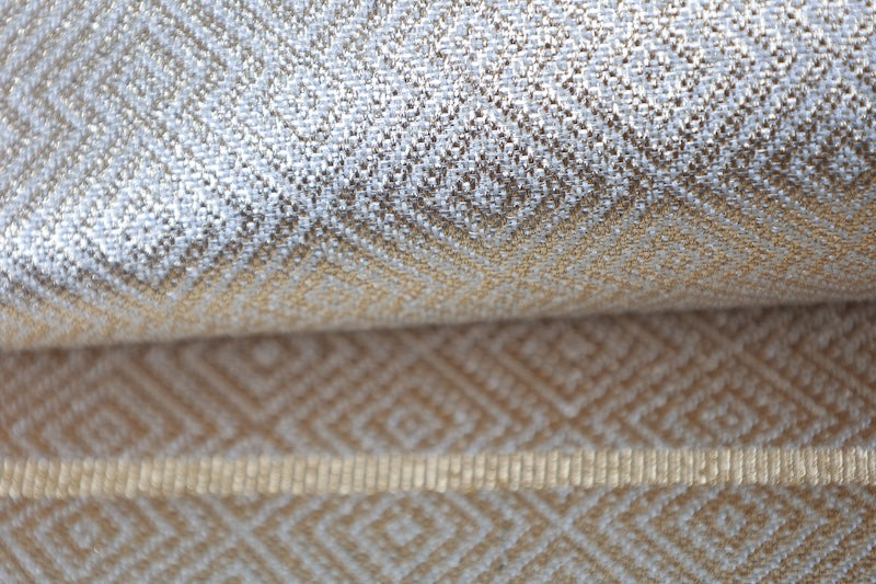 Nagoya obi (used sash) by Masuya Takao, gold, blue, light green, coral, rising wave pattern, pine needle diamond pattern, brocade weave, R225
