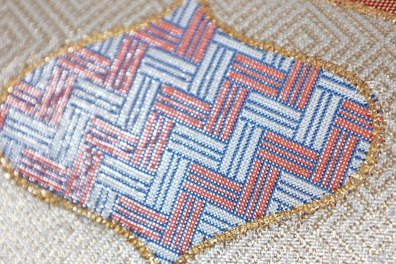 Nagoya obi (used sash) by Masuya Takao, gold, blue, light green, coral, rising wave pattern, pine needle diamond pattern, brocade weave, R225