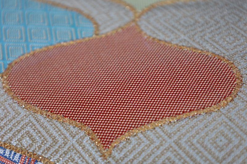 Nagoya obi (used sash) by Masuya Takao, gold, blue, light green, coral, rising wave pattern, pine needle diamond pattern, brocade weave, R225