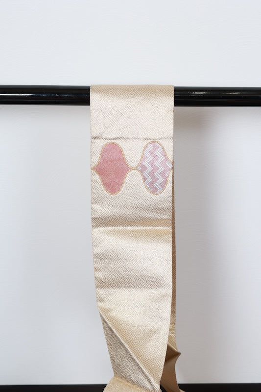 Nagoya obi (used sash) by Masuya Takao, gold, blue, light green, coral, rising wave pattern, pine needle diamond pattern, brocade weave, R225