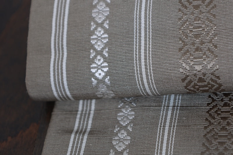 Nagoya obi (used sash), Hakata weave, Kenjo pattern, shades of gray and white, R223
