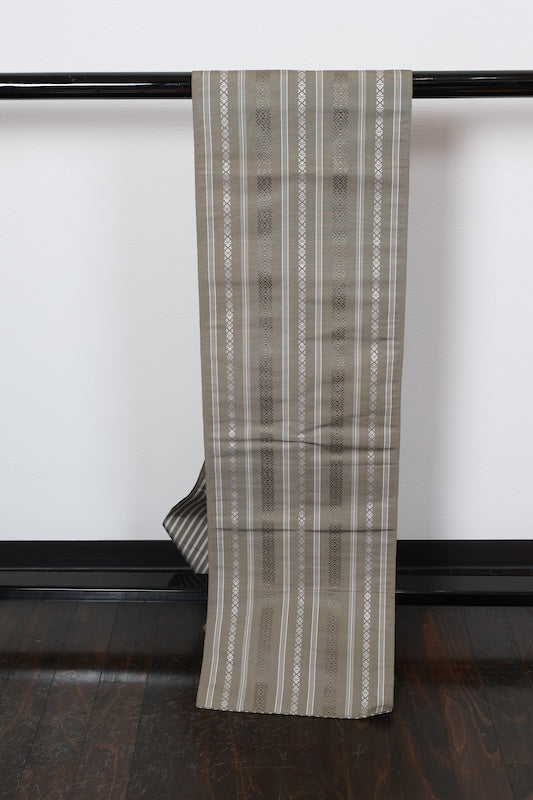 Nagoya obi (used sash), Hakata weave, Kenjo pattern, shades of gray and white, R223